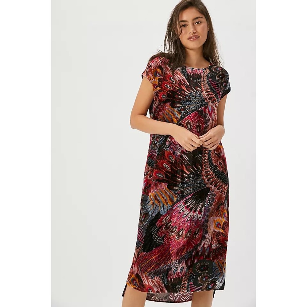 Daniel Rainn Agostina Velvet Burnout Midi Dress Sz S Black Pink Feather Boho